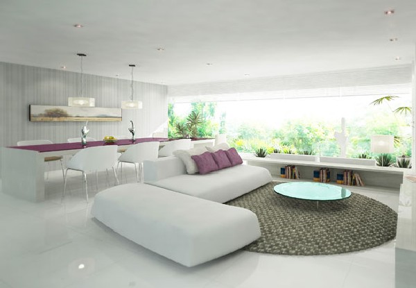 čisto biela obývacia izba lila akcenty vankúše jedálenský stôl sivý koberec