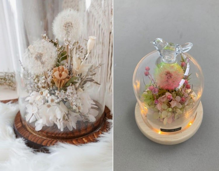 Púpavová dekorácia v zvončeku so sušenými kvetmi ako darček