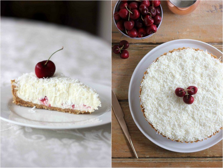 Koláč Raffaello ozdobte višňami a sušeným kokosom raffaello-koláč-tvarohový-sušienkový základ-čerešňová-plnka-ozdoba-kokosové vločky