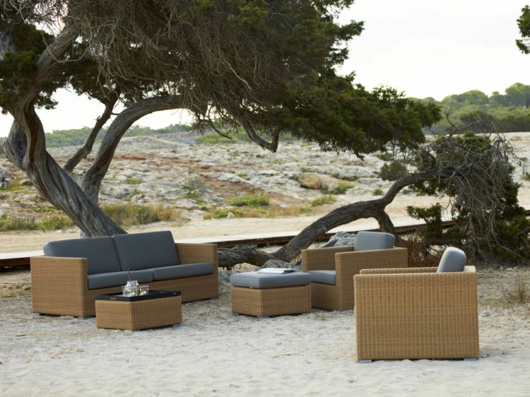 ratanový záhradný nábytok béžovo-prírodný vzhľad-oceľ-modré-čalúnenie