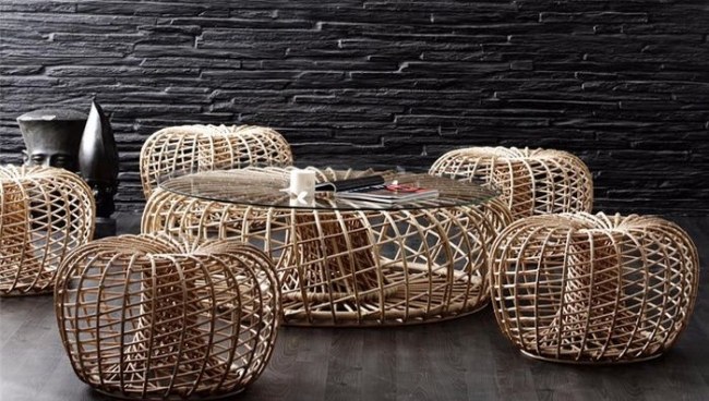 Ratanová sedacia súprava konferenčného stolíka so stoličkou a stoličkou v škandinávskom štýle