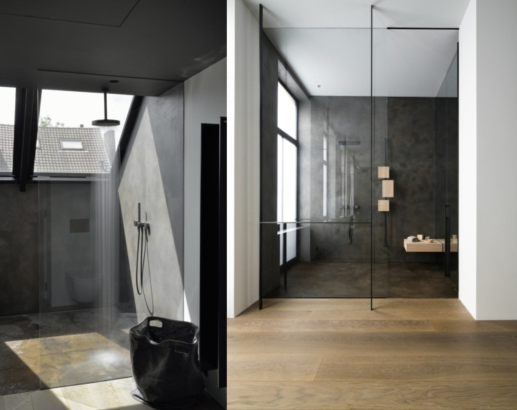 sprchový kút antracitovej farby sklenená priečka do dažďovej sprchy