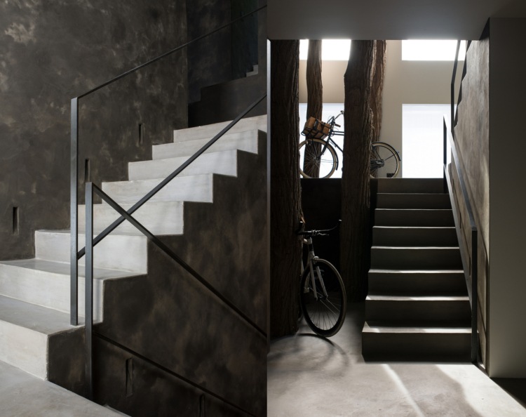 schody antracitovej farby stromy pivnica