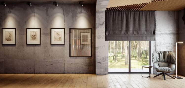Betón a drevo - elegantné, moderné a útulné betonwa% cc% 88nde-floorboard-reading rohové kreslo-tkanina-rolety-obrázky-priemysel