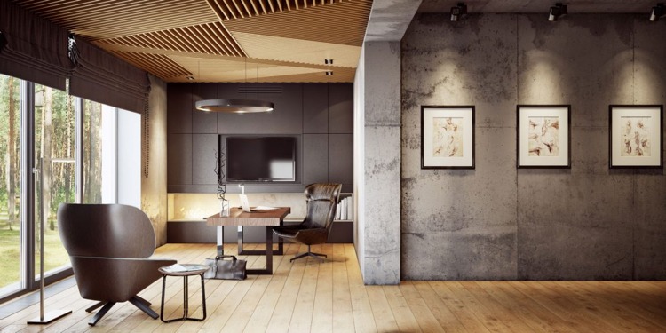 Betónové steny, palubovky a drevený strop v modernom interiéri bu% cc% 88ro-room-study-beton-wa% cc% 88nde-floorboard-window-daylight