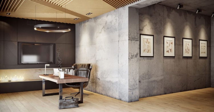 opticky oddelené, ale nie úplne oddelené - plánovanie otvoreného priestoru bu% cc% 88ro-workroom-concretewa% cc% 88nde-plank-floor-modern-industrial-wooden-stropné panely