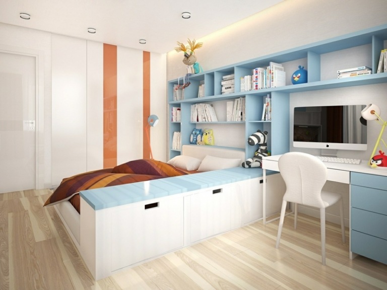 Táto detská izba je rozdelená na dve časti nízkou skrinkou rozdeľovač izieb do detskej izby nízka skrinka biela svetlo modrá posteľ