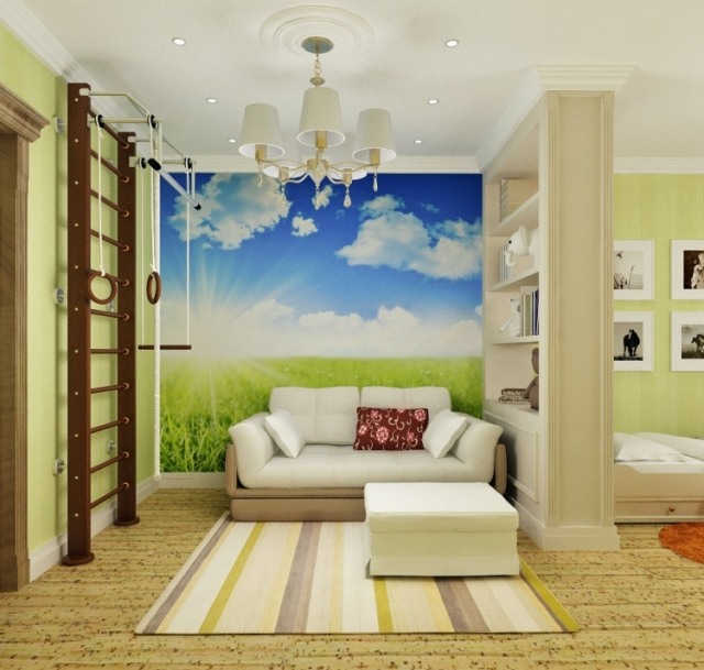 deliaca stena knižnice detská izba zelená stena farba fototapeta príroda krajina Priečka stena-poličky na knihy-detská izba-zelená-stena-farba-foto-tapeta-prírodná krajina