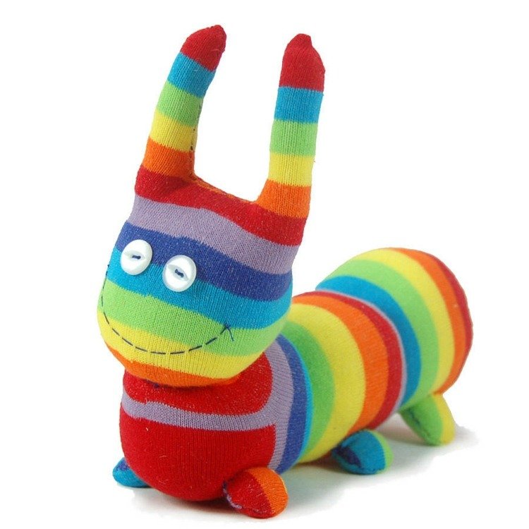 Vyrobte si z ponožiek plyšové hračky húsenica-drotár-tkanina-ponožka-gombík-oko-prúžok-vzor-dúha