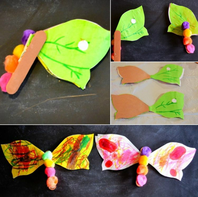 Húsenica a motýľ v jednom s palicou na nanuky húsenica-drotár-motýľ-farebné-pompony-zmrzlinový tyčinkový papier