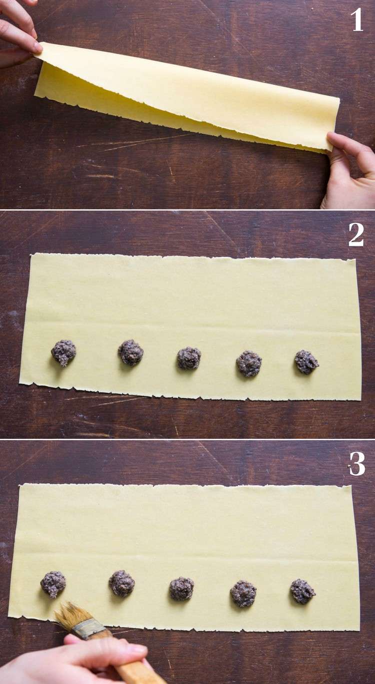 Urobte si ravioli sami - krok za krokom Urobte si ravioli sami návod-cesto-tanier-sklad-plnka-dávať-kefa na pečenie