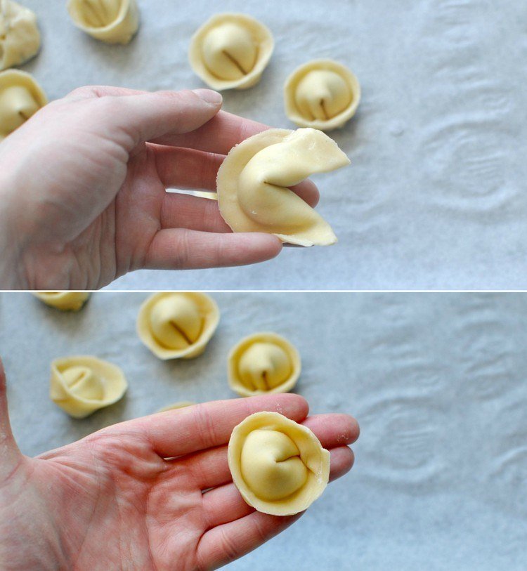 Zložte tortellini a spojte konce Tortellini-urob si sám-správny-tvar-sklad-jednoduché-pokyny