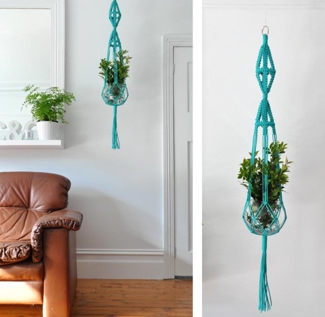 závesné koše macrame trend opäť moderný modro-zelený