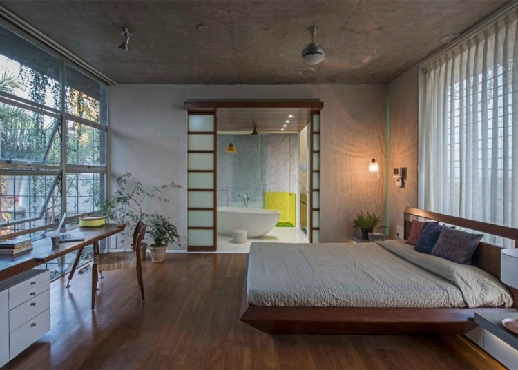 recyklované materiály dvere a okná kolumbijský dom spálňa kúpeľňa