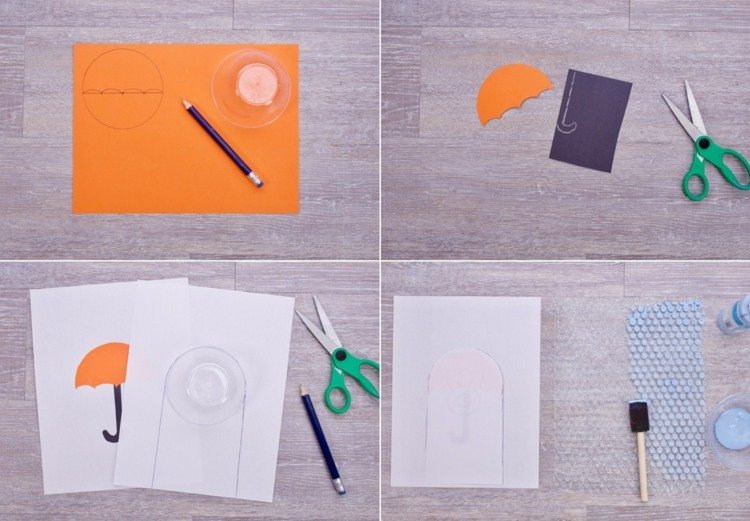 Vytvorte dáždnik, prilepte ho na papier a vytvorte obrázok pomocou bublinkovej fólie