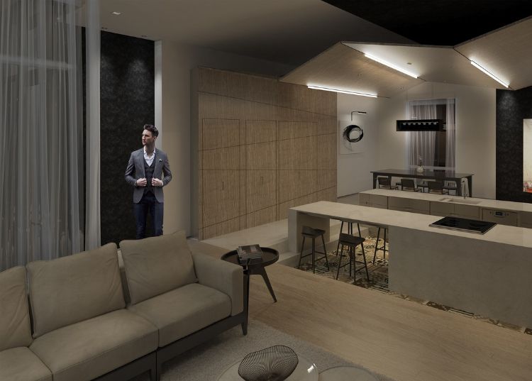 radový dom novostavba viacgeneračný dom architektúra mestský rozvoj mimoriadny udržateľný dizajn obývačka kuchyňa japonský štýl