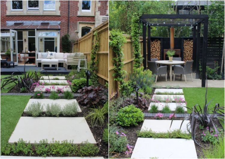 Úzka terasovitá záhrada s moderným dizajnom byliniek medzi dlažbou