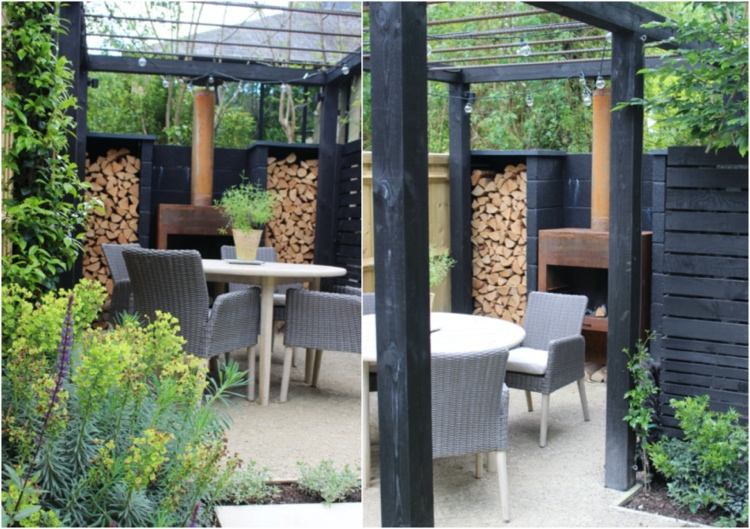 Sieťka na ochranu záhrady v radovom dome s čiernym dreveným plotom a krbom z Cortenovej ocele