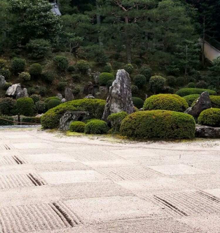 záhradný dizajn-zen-balance-pieskové čiary-štvorce-mach-stromy