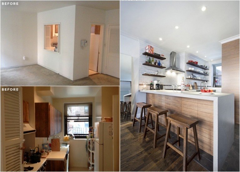 otvorená kuchyňa s polostrovom a barovou stoličkou Renovačné nápady drevená predná časť pred polostrovom a po ňom