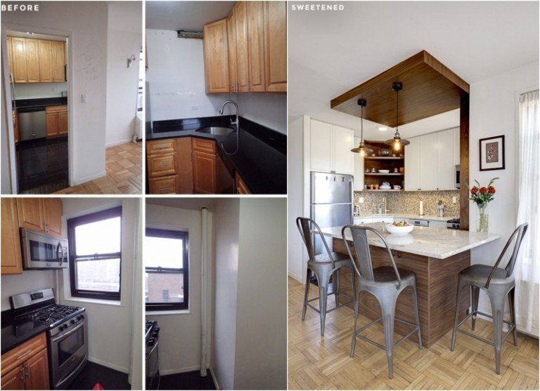 Navrhnite otvorenú kuchyňu s polostrovom a kovovými barovými stoličkami Renovačné nápady-predná časť kuchyne-pred poloostrovom-orechového dreva