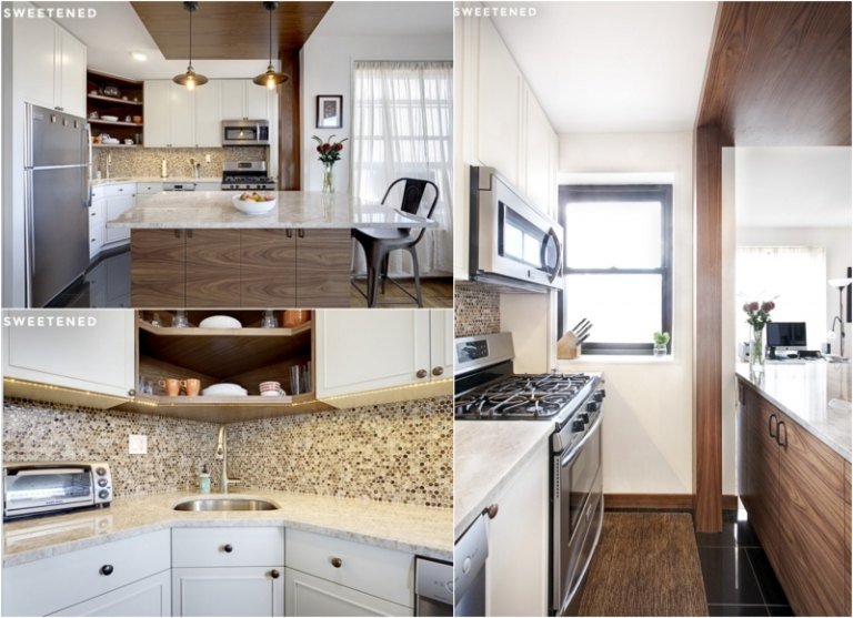 Kuchyňa v tvare L s bielym a dreveným pultom Renovačné nápady-kuchyňa-za-rohom-drez-mozaika-dlaždice zrkadlovo-hnedé tóny