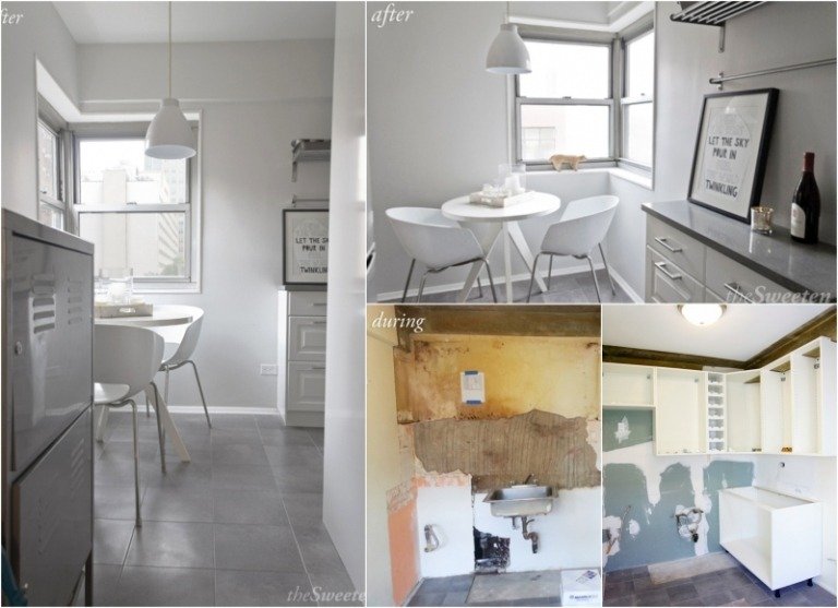 malá kuchyňa s jedálenským kútom v šedej a bielej farbe renovovať-nápady-kuchyňa-jedálenská časť-svetlo sivobiela