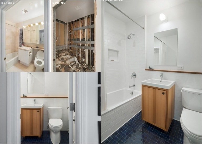 Renovácia kúpeľne - biela obkladačka, tmavomodrá dlažba, drevená skrinka renovovať nápady kúpeľňa-pred-vaňou-sprchovací kút-záves-drevo-márnosť