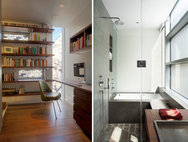 Vertikálne poličky do kúpeľne so sklenenými stenami na úrovni knižnice