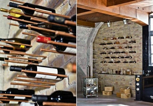 Držiak na víno originálny dizajn stropný dizajn kamenná stena