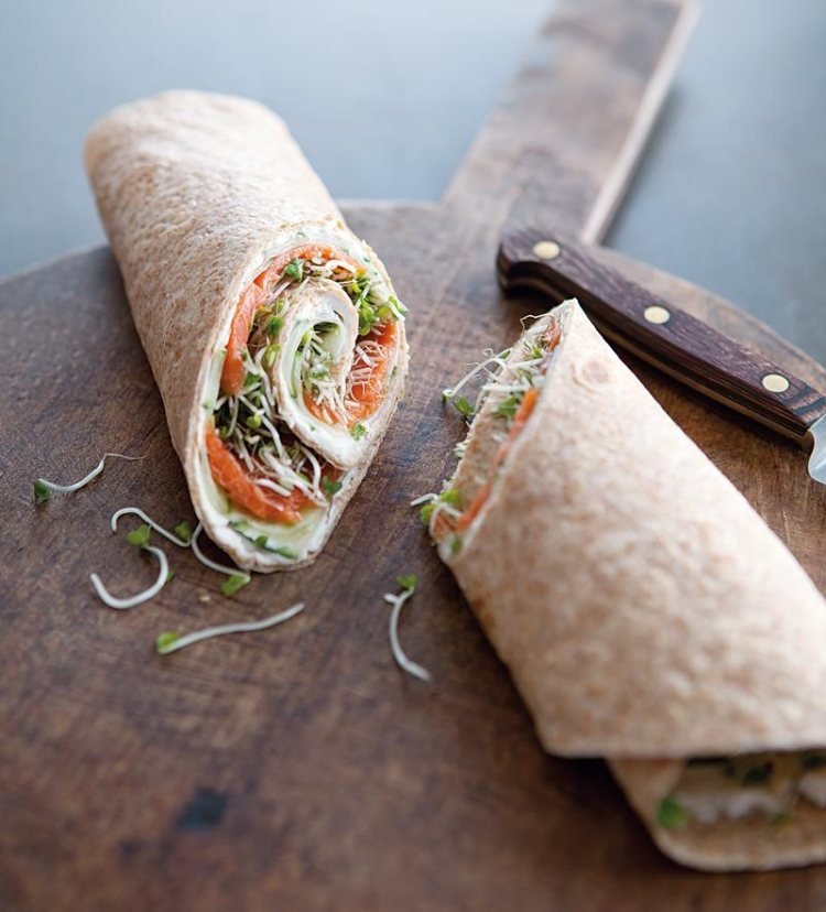 Recept na plnenie zábalom s lososom, uhorkou a klíčkami Recepty na zábaly z tortillovej plnky z lososovej uhorky