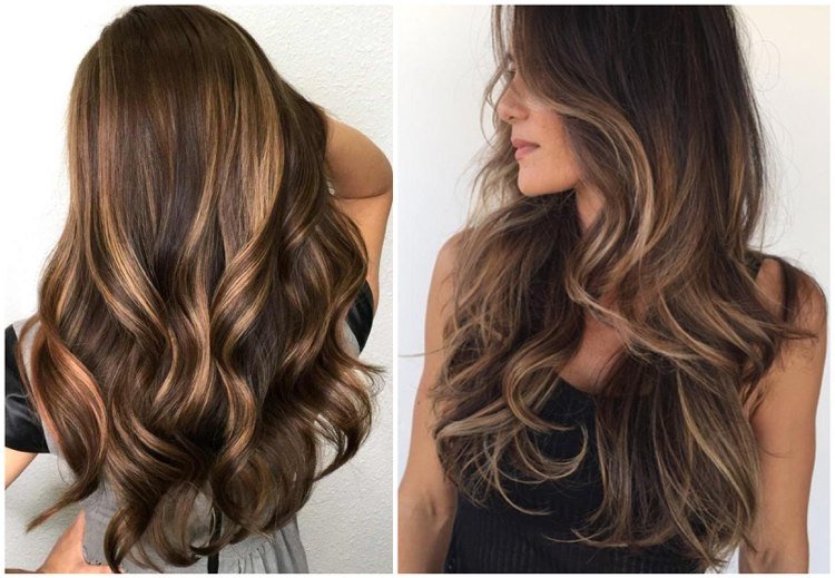 teplé karamelové odlesky v hnedých dlhých vlasoch voľnou rukou