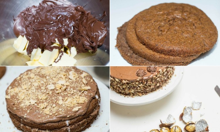 Koláč sa skladá z troch vrstiev a je ozdobený Rocherom koláč rocher torte kôrka-plátok-vrstvy-pečivo-oriešok-príchuť