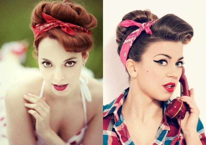 Účesy Rockabilly so skrútenými kučerami a šatkou na vlasy Účes pre dámy do vlasov Rockabilly updo