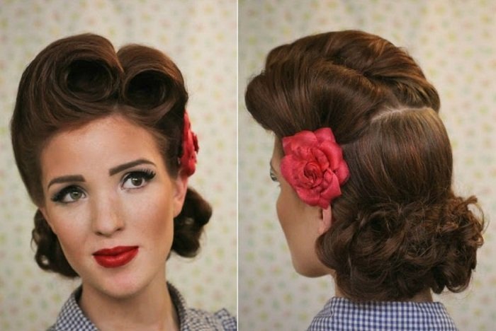 rockabilly updo s kučerami a kvetinovým doplnkom vírivého poníka updo-curls-swirl-pony-kvet-doplnok-rockabilly