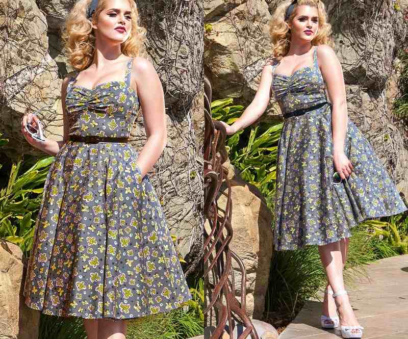 Sivé letné šaty pekného strihu a osieho pásu Rockabilly oblieka špagetové ramienka letnej módy