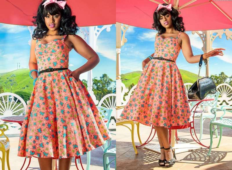 Sladké letné šaty s kvetinovými potlačami a opaskom Šaty Rockabilly-farebné-kvetinové-motívy-čelenka