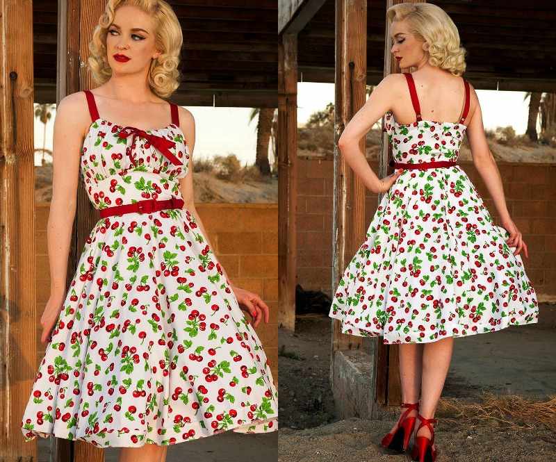 Letné šaty v retro štýle - zdobené potlačou čerešní Rockabilly-šaty-letné-módne-outfity-sladké