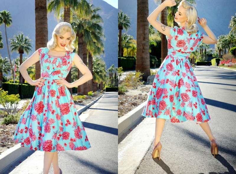 Letné šaty s ružami a širokou sukňou Rockabilly-šaty-ružové-modré-farebné-nápady