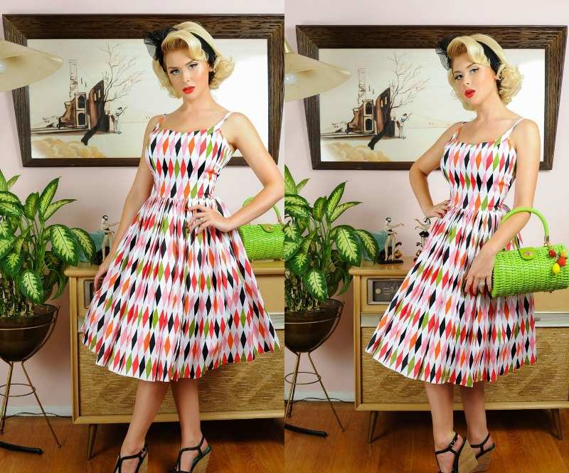 Šaty s geometrickými potlačami a špagetovými ramienkami Rockabilly-šaty-letná sezóna-retro-vinobranie