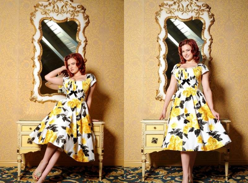 Šaty Rockabilly zdobené veľkými kvetinovými vzormi Rockabilly-šaty-žlté ruže-rukávy-po kolená