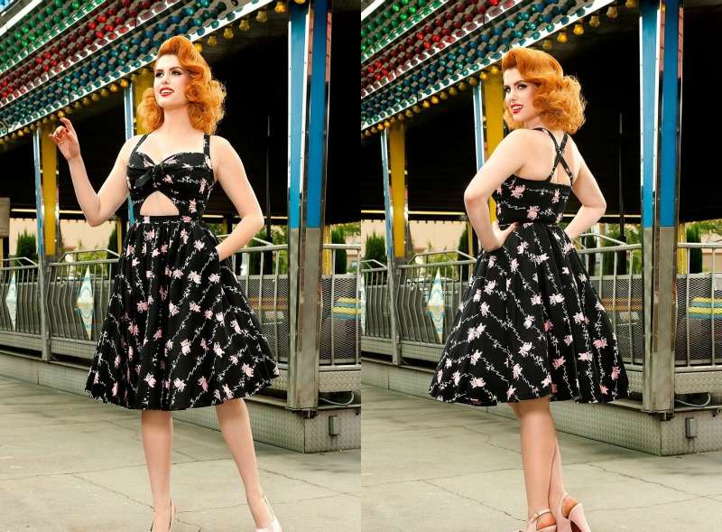 Šaty Rockabilly s hlbokým výstrihom a špagetovými ramienkami Šaty Rockabilly-čierne-bez ramienok-párty-outfity