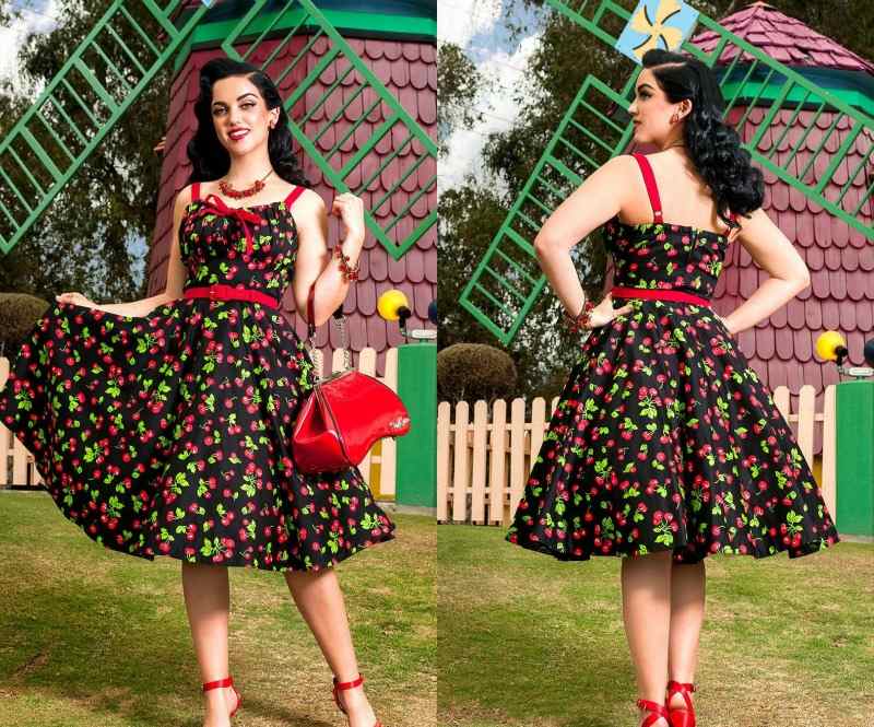 Čierne šaty rockabilly s potlačou čerešní Rockabilly oblieka letnú módnu potlač čerešní