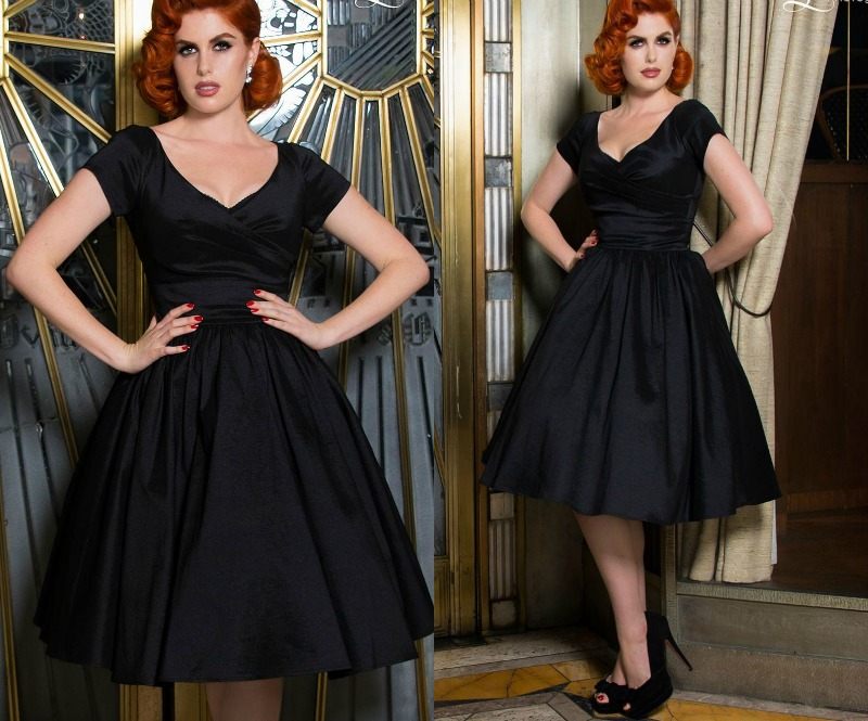 Koktejlový outfit - čierne minišaty v štýle 50. rokov Rockabilly večerné šaty s čiernymi rukávmi