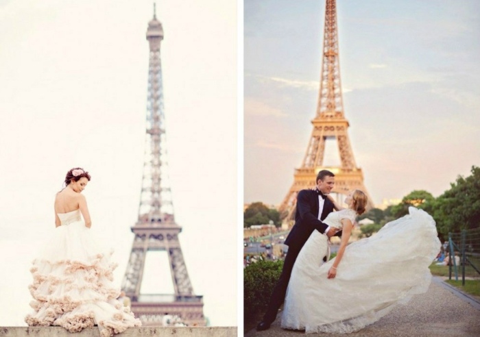 Výlet do Paris Fote Session pred Eiffelovou vežou krásne svadobné šaty