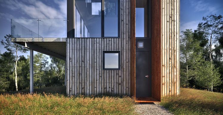 tichá chata na jazere trojpodlažný výhľad zblízka drevené obklady kanadské pobrežie