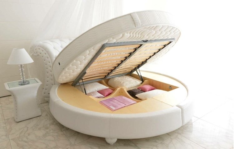 kruhové postele posteľový box manželská posteľ, biely koberec, krém