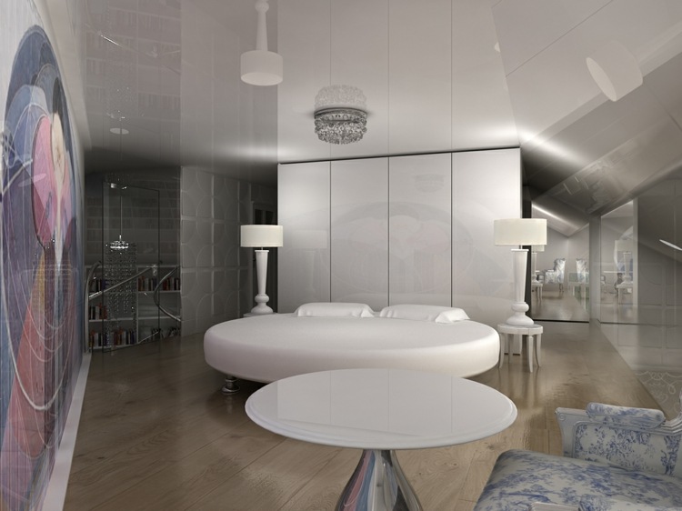 okrúhle postele minimalistický biely hladký vysoký lesk stropu