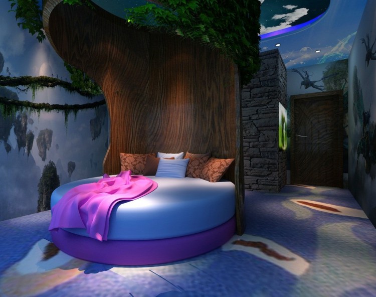 okrúhle postele škôlka nápad strom deliaca stena ružové akcenty