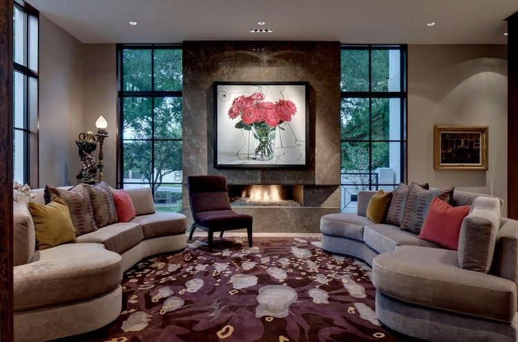 okrúhle pohovky-moderné-taupe-purpurové-koberec-krb-kvetinový vzor